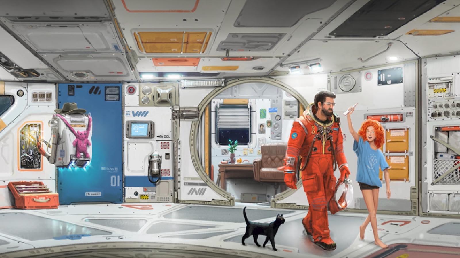 a man, child and cat walk through a spaceship in Starfield concept art