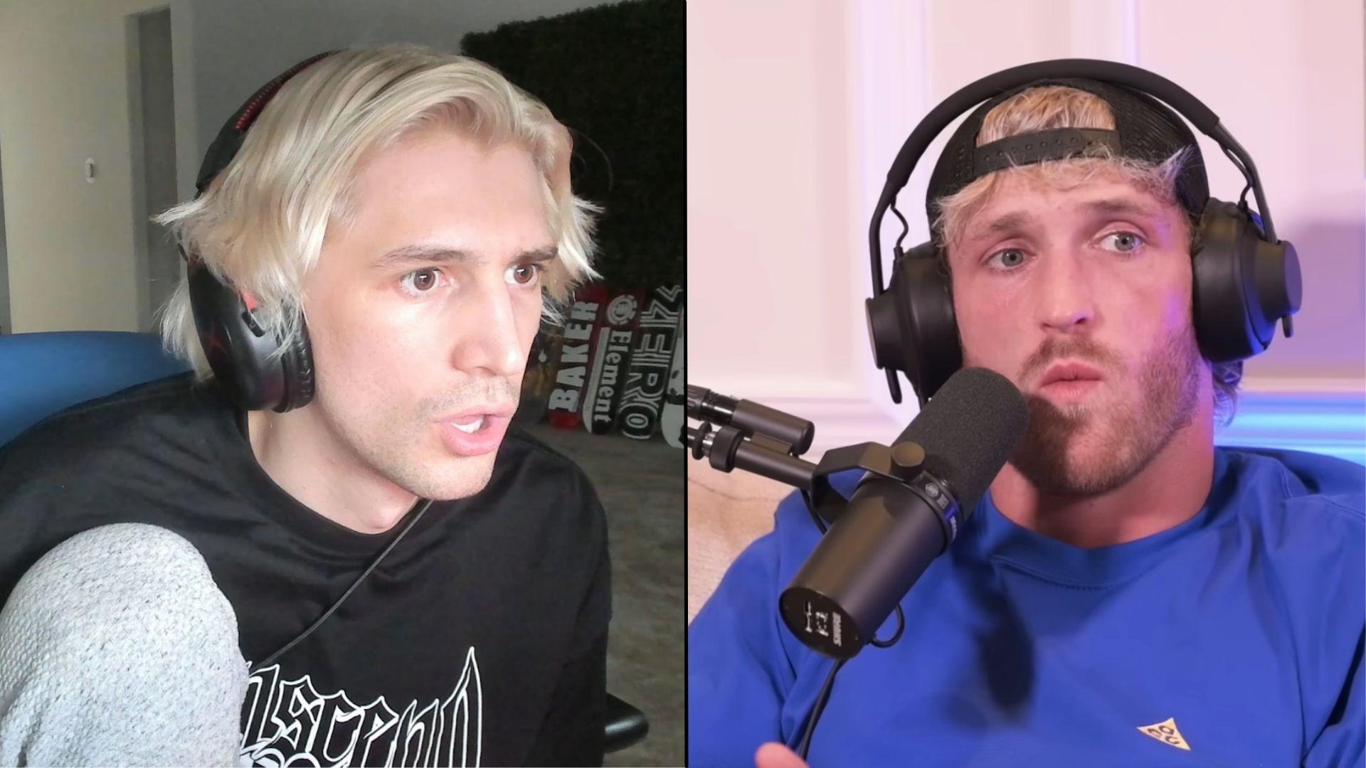 Logan Paul and xQc side-by-side talking into mics